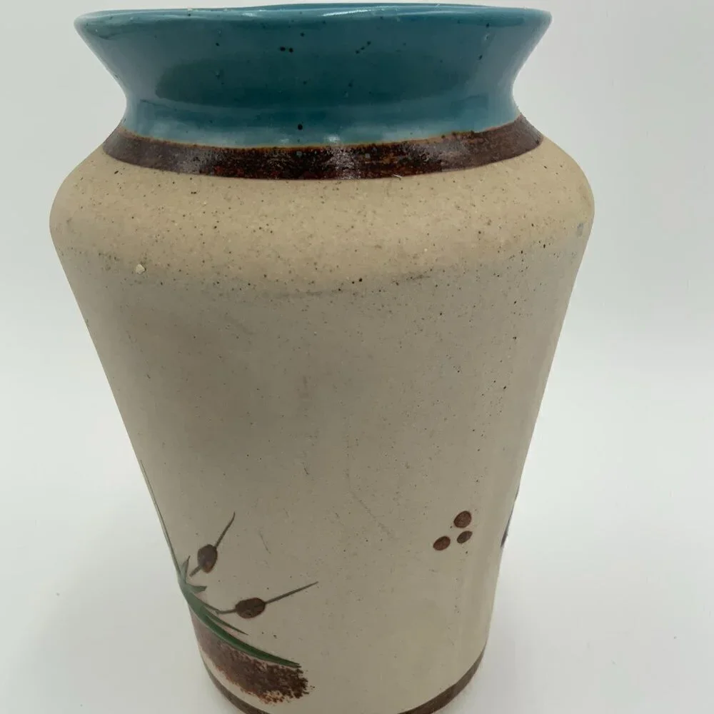 Mexico TONALA Vase Folk Art Pottery Hand Painted Bird TACAT Blue Rim 8 1/2